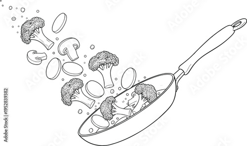 Dynamic black and white line art illustration of frying pan tossing fresh vegetables including broccoli, mushrooms, zucchini slices, healthy cooking concept food preparation design