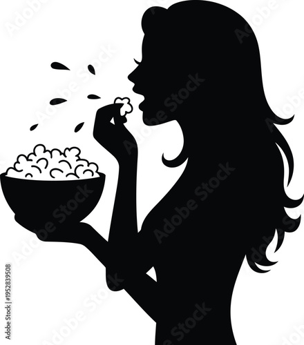 Woman enjoying popcorn a silhouette against icon.