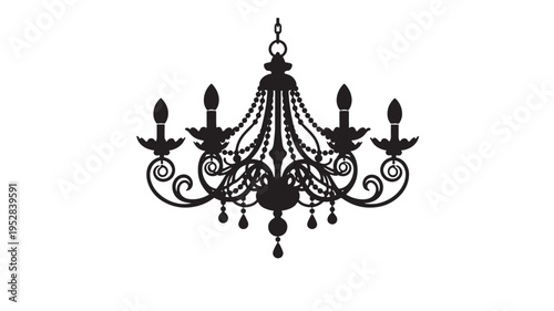 Chandelier silhouette with five candle-like bulbs and ornate scrolling arms adorned with beaded strings and hanging crystals
