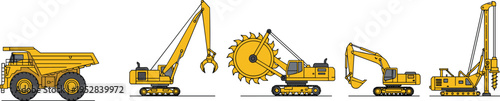 Illustration of five different heavy construction and mining machines including dump truck, material 