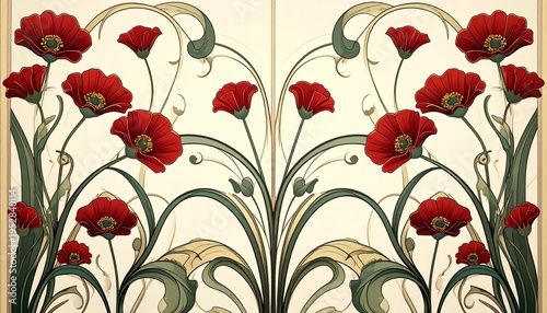 Decorative Red Poppies in Art Nouveau Style Featuring Symmetrical Green Vines and Elegant Botanical Curves on a Classic Cream Background