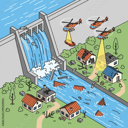 Illustration depicting a dam failure, flooding homes, and rescue helicopters providing aid.