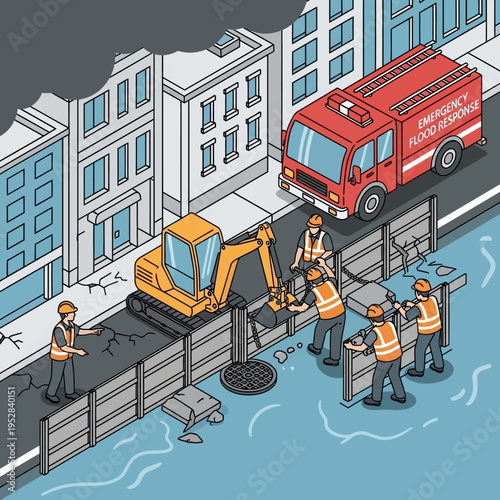 Emergency flood response team constructing barriers to protect buildings from rising water.