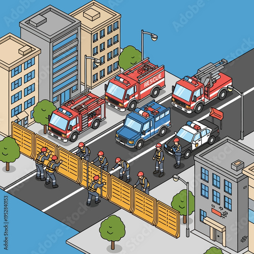 Isometric illustration of emergency vehicles and personnel responding to an incident in a city street.