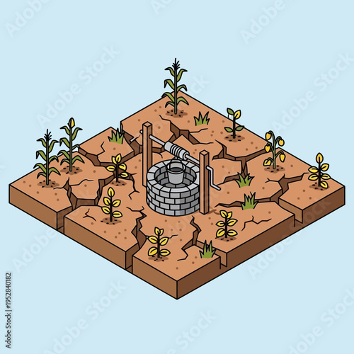 An illustration depicting a dry, cracked earth with a well and sparse vegetation.