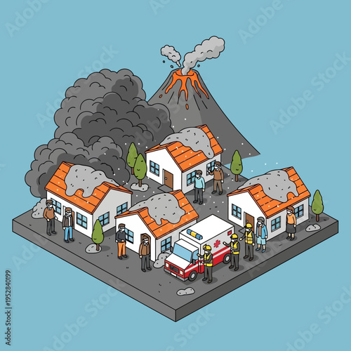 Isometric illustration depicting a volcanic eruption with buildings, people, and an ambulance.
