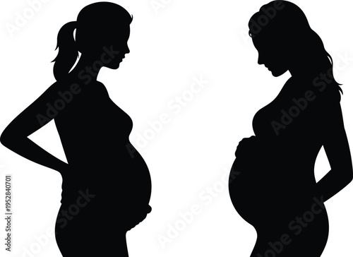 Pregnant women facing each other black and white icon.