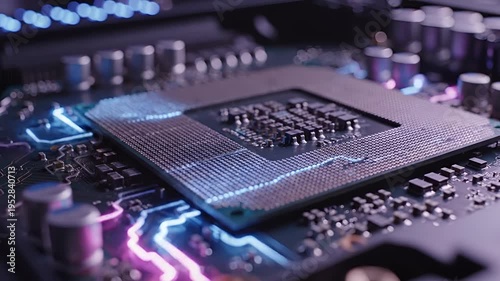 Close-up of a modern computer processor on a circuit board with glowing lights.
