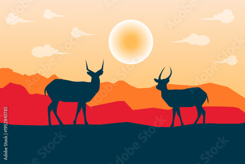 Twilight Nature Scene with two deer as objects, in silhouette style.