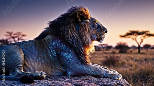 A majestic lion rests serenely on a rock at dawn, gazing across the African savanna bathed in golden light.