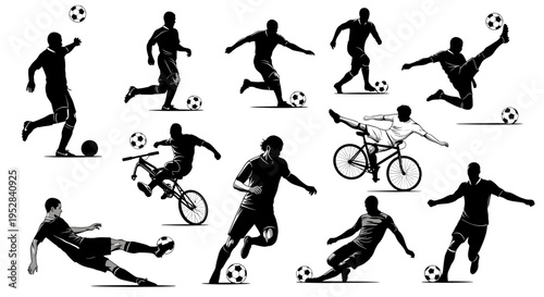 dynamic soccer players silhouettes and cyclists showcasing various sports action and athletic moves on a white background