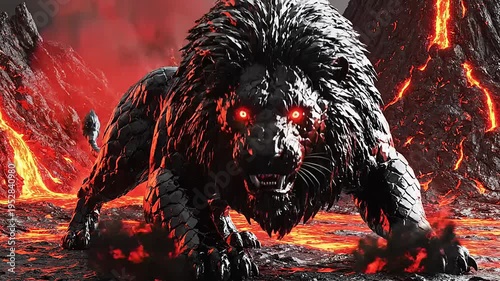 A Majestic Obsidian Lion Roaring in a Fiery Volcanic Landscape