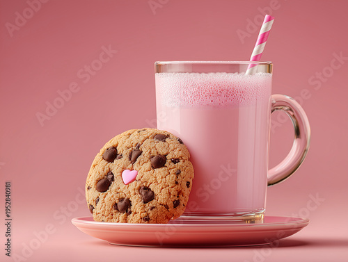Strawberry milk with chocolate chip cookie and heart candy on pastel background