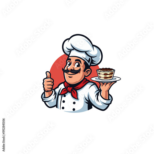 Chef giving a thumbs up while balancing a decadent tiramisu logo icon flat vector design