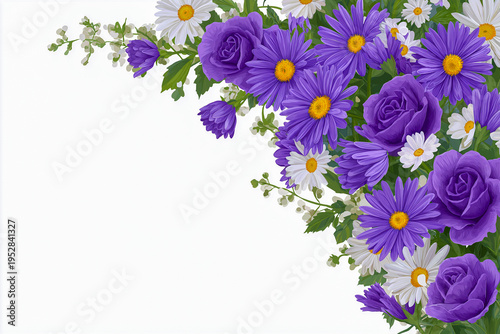 Floral illustration featuring purple roses and daisies with green leaves on a white background, suitable for greeting cards or decorative purposes