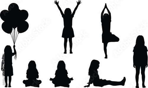 Set of young girl silhouettes, child holding balloons, standing with hands up, practicing yoga tree pose, sitting and resting, vector illustration.