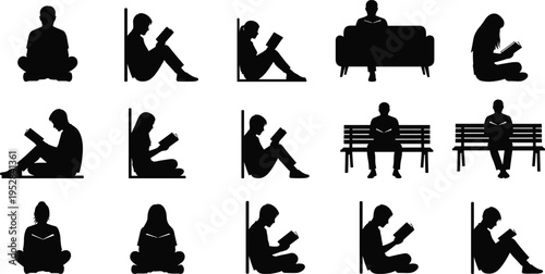 Set of people silhouettes reading books, men and women sitting on floor and benches, students studying, education and library vector icons.