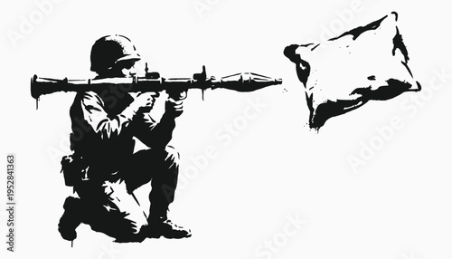 Conceptual street art featuring soldier and soft pillow