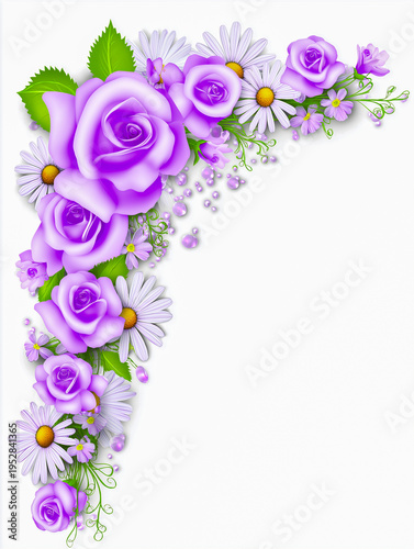 Floral illustration featuring purple roses and daisies with green leaves on a white background, suitable for greeting cards or decorative purposes
