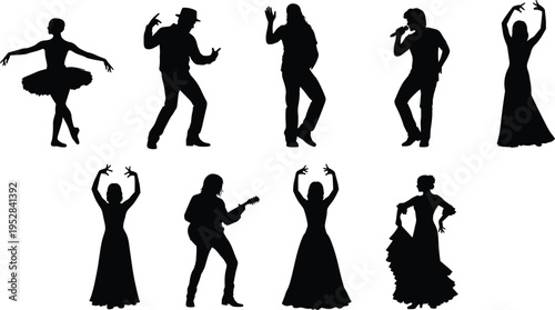 Set of performer silhouettes, ballet dancer, flamenco artist, guitarist, singer with microphone, and diverse stage actors, performing arts vector illustration collection.