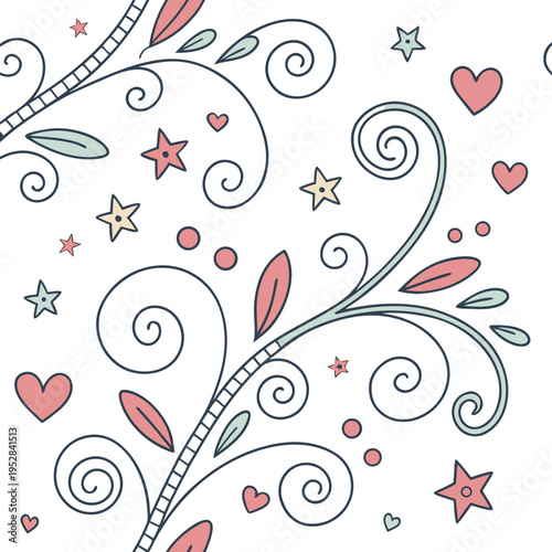 Seamless pattern with hand drawn floral elements and stars including hearts and swirling vines in pastel colors on white background for textiles