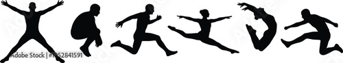 Athletic silhouettes set, athletes jumping, running, and performing gymnastics, action poses for sports competition, fitness training, and active lifestyle design.