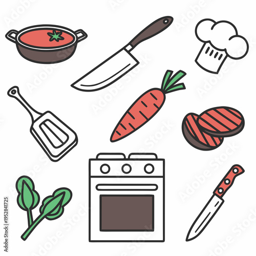 Set of cooking utensils and food ingredients for kitchen activities, including a stove, pan, knife, carrot, and meat