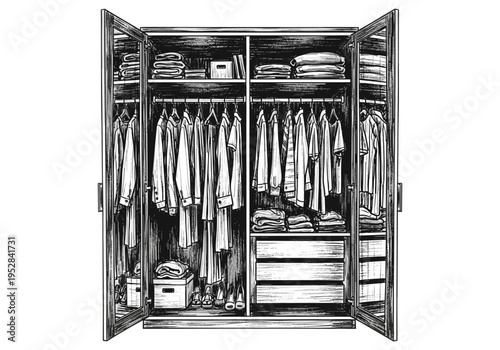 Open wardrobe filled with neatly organized clothes, shoes, and accessories in a sketch style
