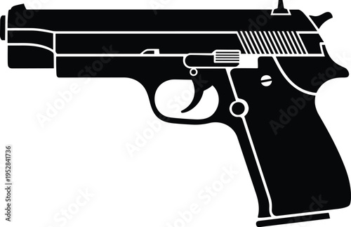 Black and white of a semi-automatic pistol handgun firearm