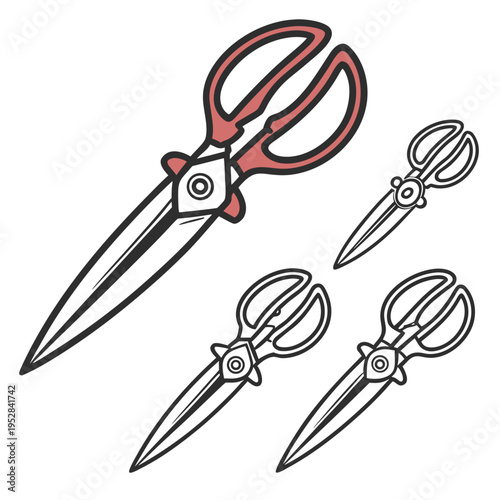 Set of kitchen shears and household scissors, featuring various sizes and designs with ergonomic handles for cutting tasks
