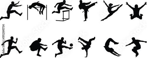 Athletic sports silhouettes set, athletes jumping, hurdling, kicking soccer ball, martial arts, gymnastics, and parkour action poses vector illustration collection.