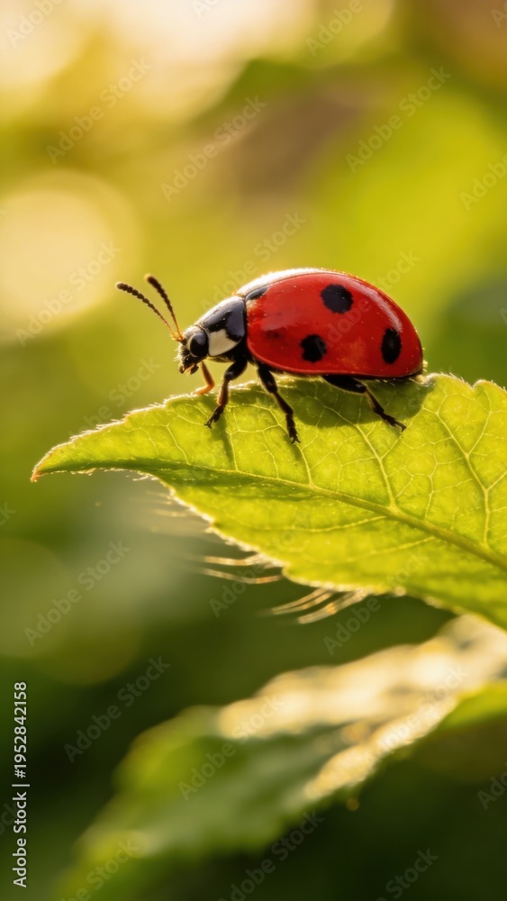 Fototapeta premium Ladybug on leaf, red insect with black spots