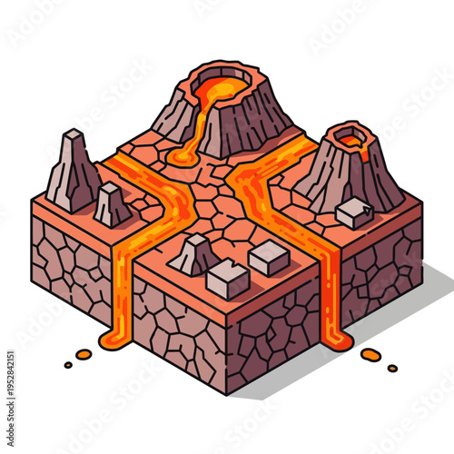 Isometric illustration of a volcanic landscape with flowing lava and detailed terrain.