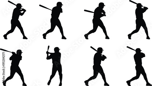 Baseball player silhouettes set, professional batter swinging bat in different poses, athlete action silhouettes, sport vector illustration for competitive game design.