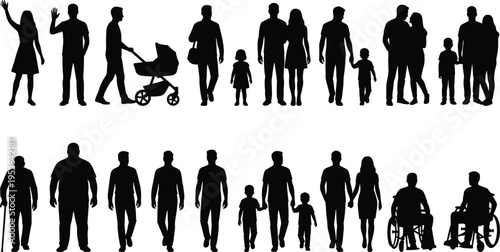 Diverse people silhouettes collection, family groups, couples, children, elderly with cane, and wheelchair users, inclusive community vector illustration for social design.