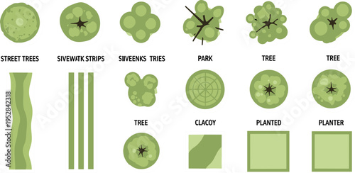Urban Greenery and Street Tree Icon Set Featuring Park Trees, Planters, and Sidewalk Elements