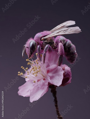 Close-up photograph of a bee on a pink flower. the bee is facing towards the right side of the image, with its body slightly tilted downwards. its wings are spread out, and its antennae are visible.