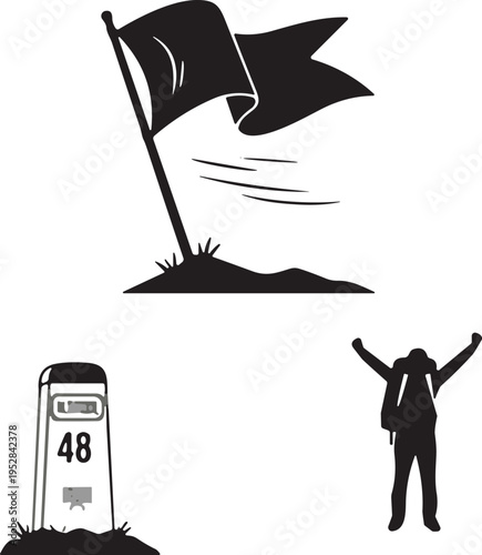 Hiking and adventure icon set with flag on mountain, milestone marker, and backpacker celebrating success, outdoor travel silhouettes isolated on light background