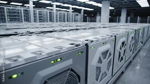Rows of advanced server racks humming with controlled energy and digital power in a modern data center facility