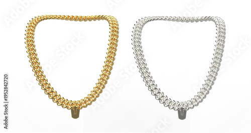 Shiny gold and silver Cuban link chain necklace. Golden metal cuban chain necklace isolated on transparent background. Png transparency