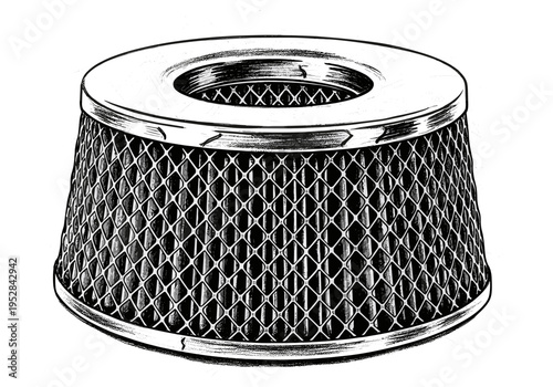 Detailed illustration of a conical air filter with chrome accents and mesh detailing