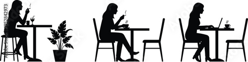 Café silhouettes, smoking and drinking, eating hot food, working on laptop, social space activities, leisure lifestyle, black and white illustration