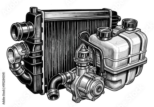 Automotive cooling system components including radiator, water pump, and expansion tank