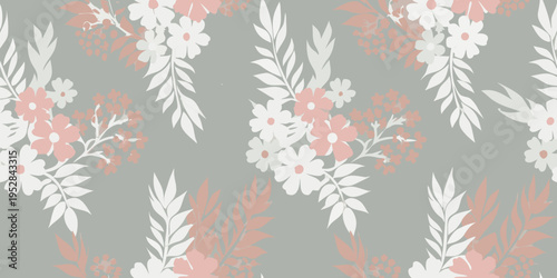 Floral pattern with delicate white and peach blossoms on gray