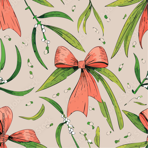 Elegant Seamless Christmas Vector Pattern Featuring Hand-Drawn Mistletoe Sprigs, White Berries, and Coral Silk Ribbon Bows for Festive Holiday Backgrounds and Textile Design