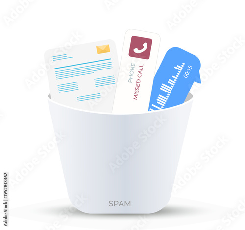 Spam detection with email cleanup and call blocking for secure communication. Spam detection with message filtering and voice alert control for digital safety vector illustration