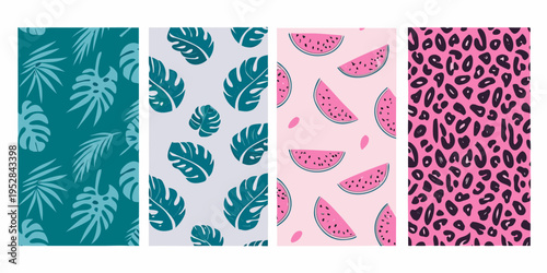 Four colorful patterned panels featuring tropical and fruity designs