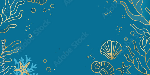 An artistic underwater scene featuring golden marine life illustrations