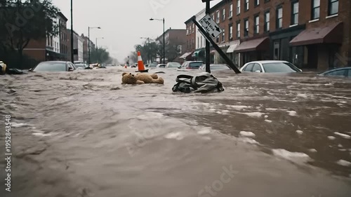 Submerged City Street During a Devastating Flood with Cars and Debris Adrift
