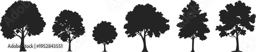 Deciduous tree silhouette set, leafy garden woodland trees isolated for landscape de
